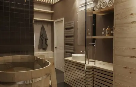 Современная баня с деревянной отделкой, стеклянной перегородкой и каменкой
