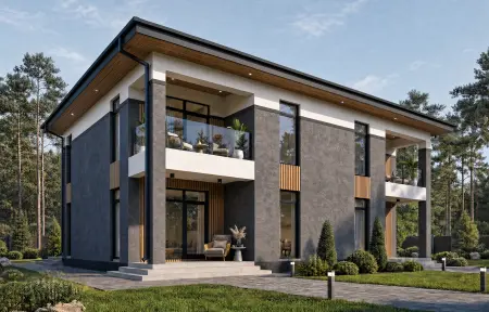 Современный двухэтажный дом с панорамными окнами и террасой в окружении хвойных деревьев